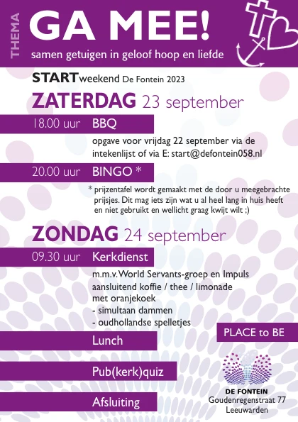 23 en 24 september Startweekend ‘Ga je mee …’